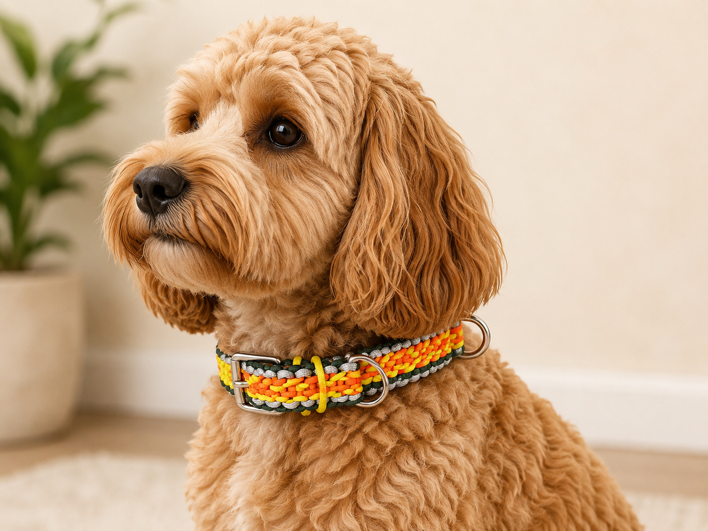 Wide Diamond Pattern Orange, Yellow, Cream & Green Braided Paracord Dog Collar