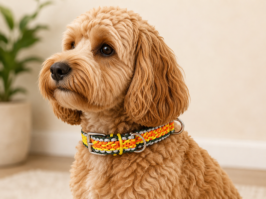 Wide Diamond Pattern Orange, Yellow, Cream & Green Braided Paracord Dog Collar