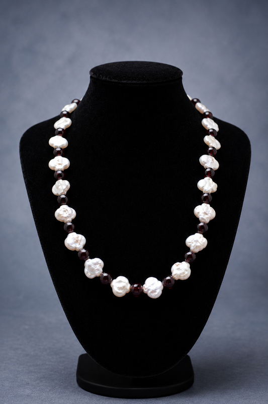 Freshwater Ivory Pearl & Garnet Necklace with Four-Leaf Clover Accent