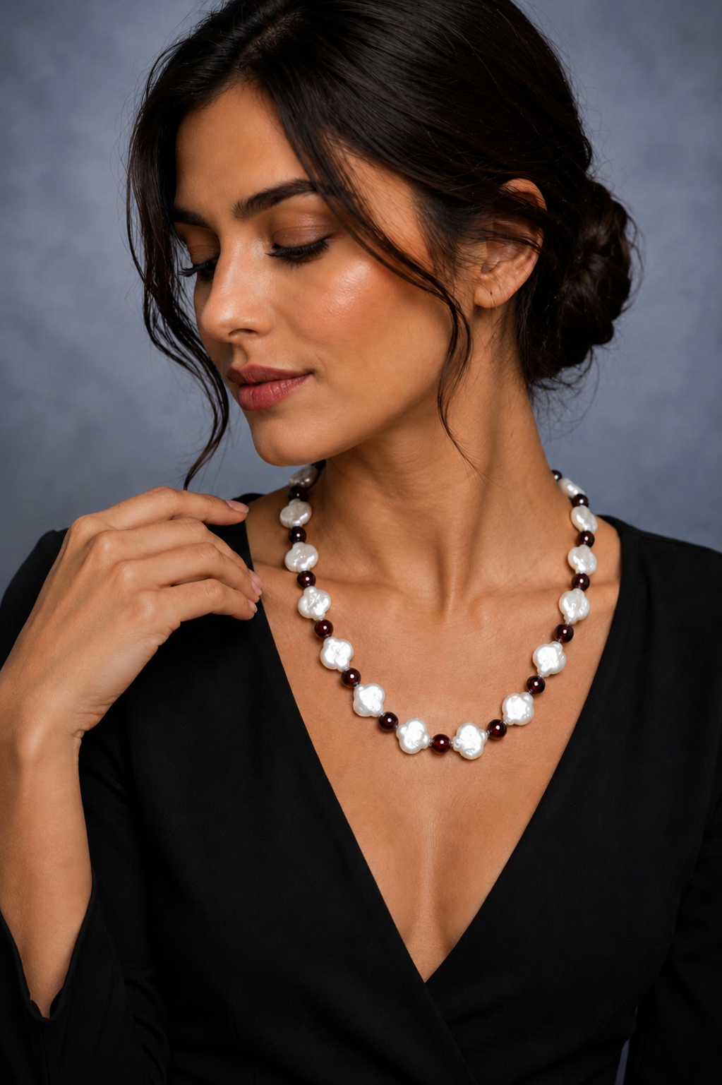Freshwater Ivory Pearl & Garnet Necklace with Four-Leaf Clover Accent