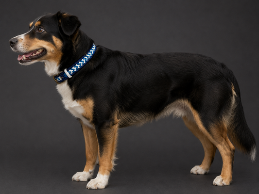 1.5” wide 19” long Light & Dark Blue, with white Crown Tail Paracord Adjustable Dog Collar.