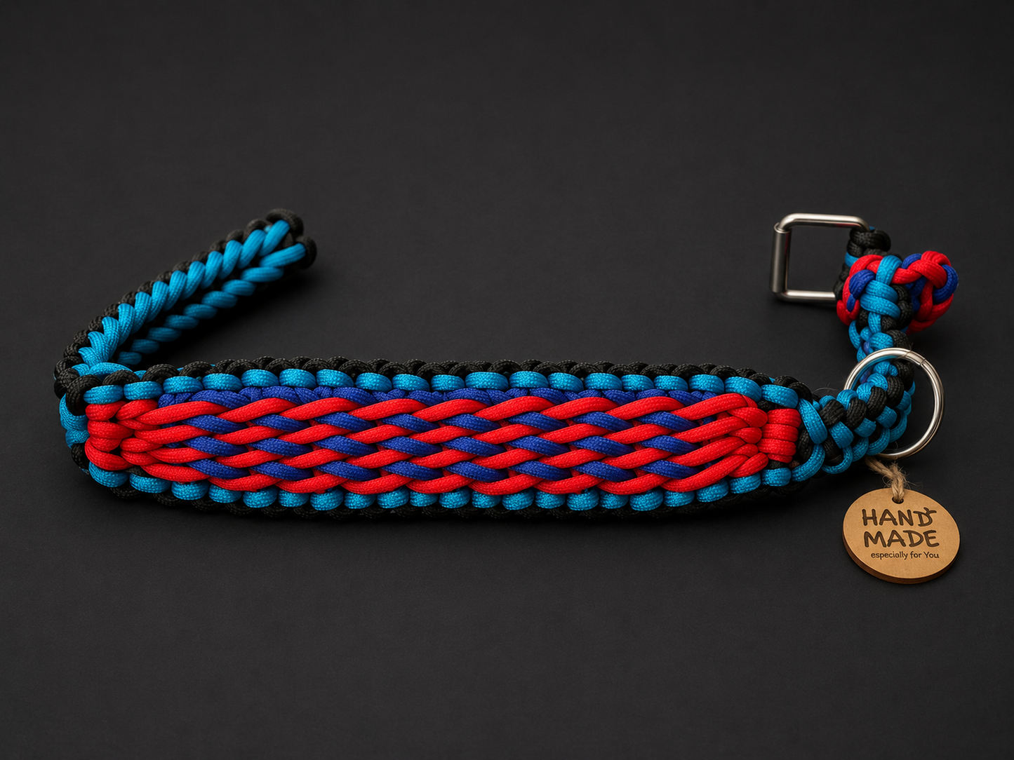 1.5” Wide 17” Long Light and dark Blue, Red & Black Candy striped Braided Paracord DogCollar Semi Adjustable.