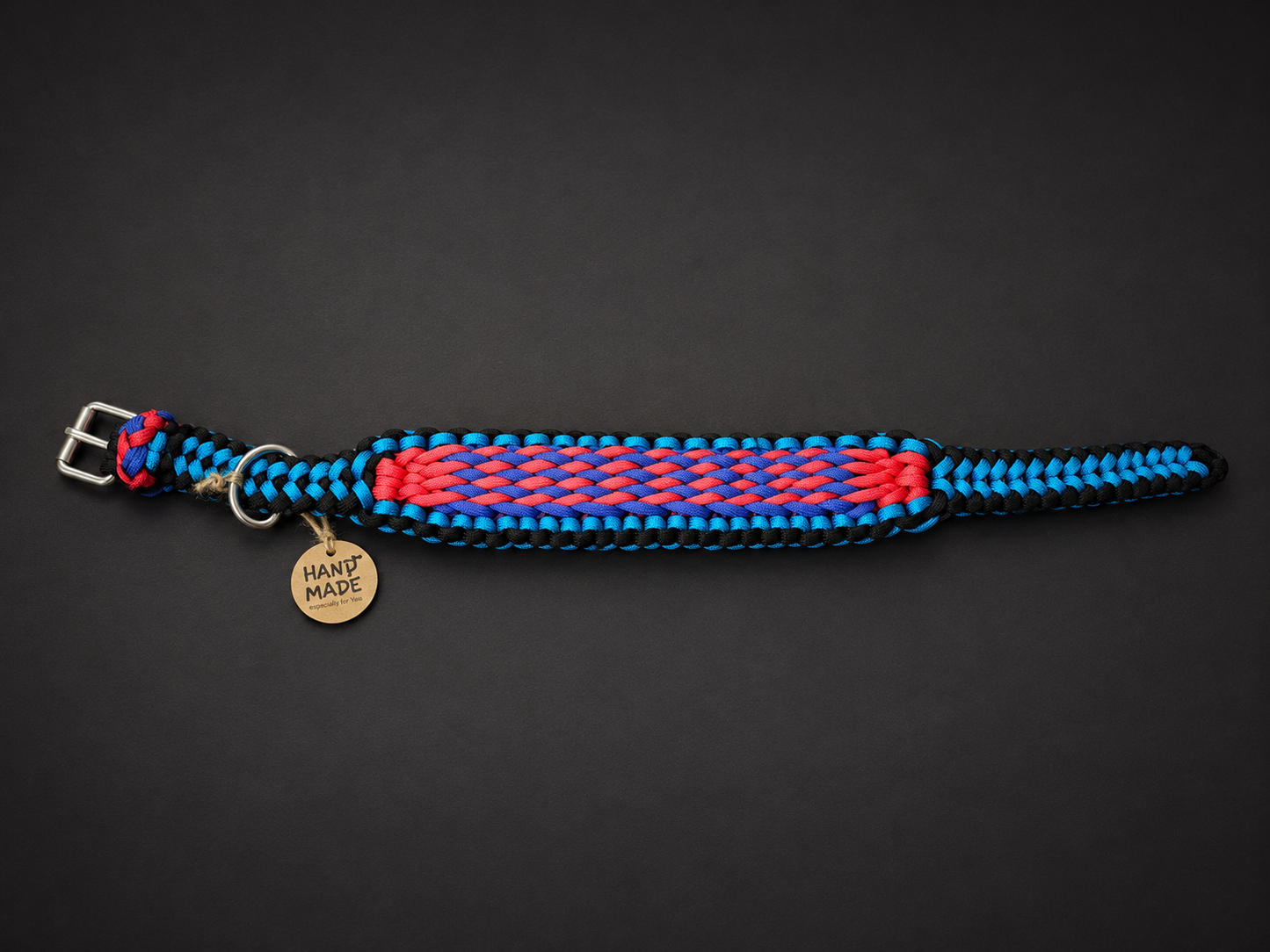 1.5” Wide 17” Long Light and dark Blue, Red & Black Candy striped Braided Paracord DogCollar Semi Adjustable.