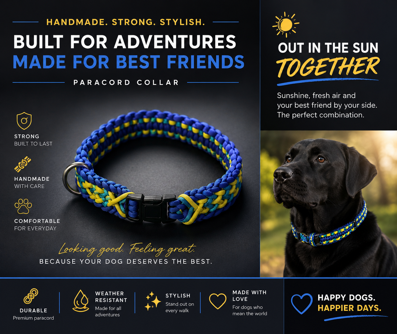 1.4” Wide 17” Long Light and Dark Blue, with Yellow Braided None Adjustable Paracord Dog Collar