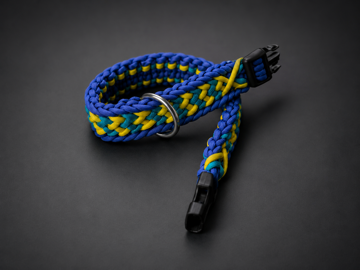1.4” Wide 17” Long Light and Dark Blue, with Yellow Braided None Adjustable Paracord Dog Collar