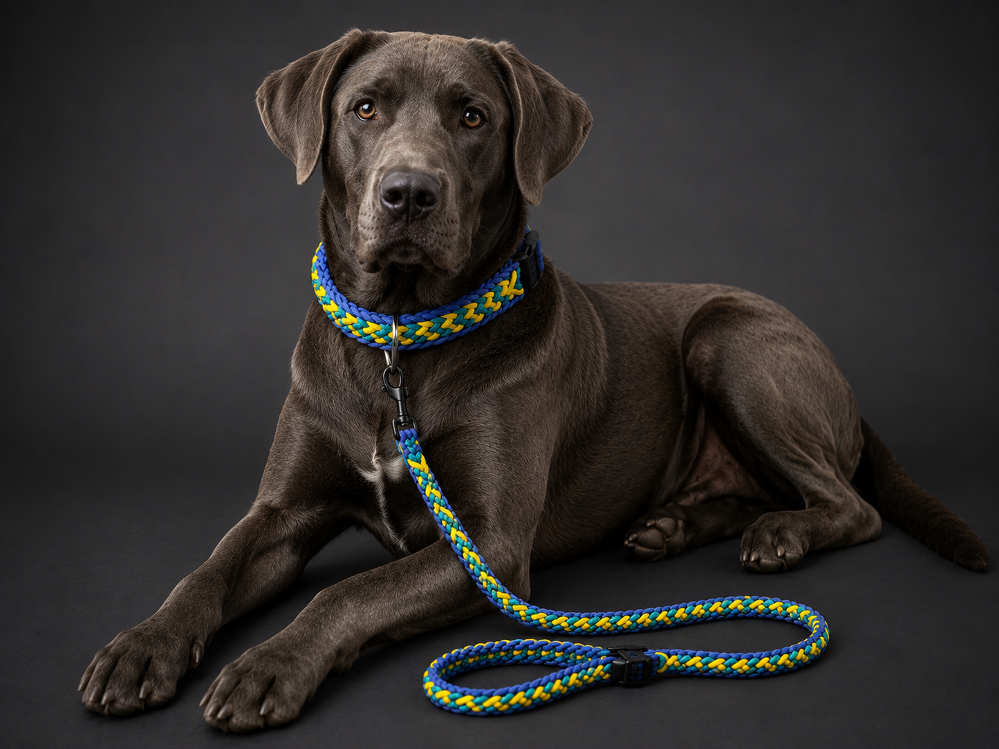 1.4” Wide 17” Long Light and Dark Blue, with Yellow Braided None Adjustable Paracord Dog Collar