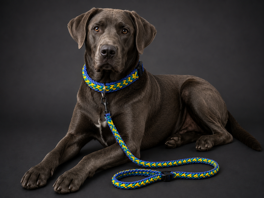 1.4” Wide 17” Long Light and Dark Blue, with Yellow Braided None Adjustable Paracord Dog Collar