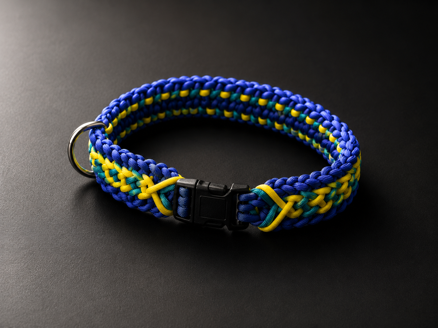 1.4” Wide 17” Long Light and Dark Blue, with Yellow Braided None Adjustable Paracord Dog Collar