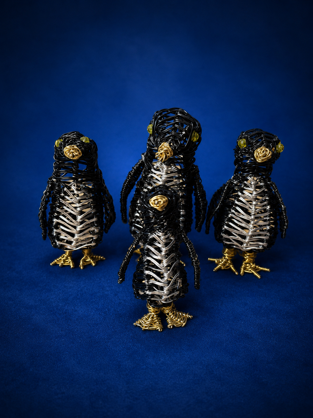 Black Silver & Gold Wire Penguin Sculpture – Handmade Art