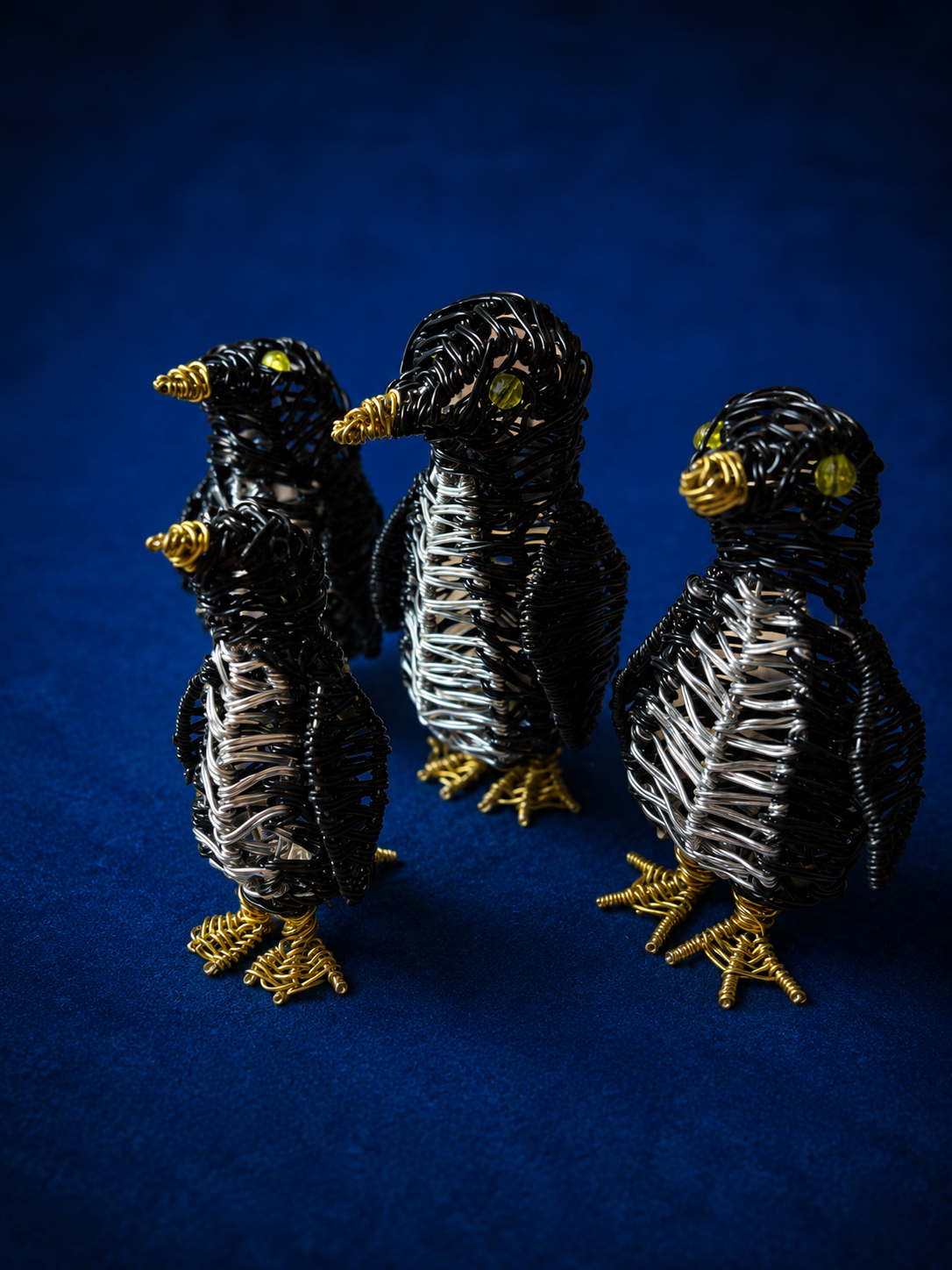 Black Silver & Gold Wire Penguin Sculpture – Handmade Art