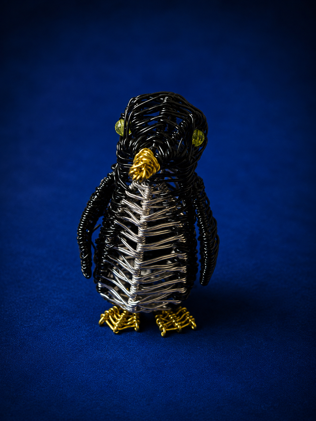 Black Silver & Gold Wire Penguin Sculpture – Handmade Art