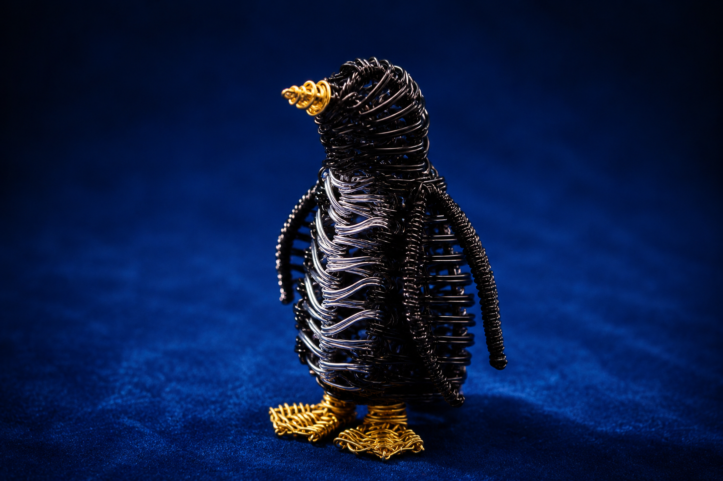 Black Silver & Gold Wire Penguin Sculpture – Handmade Art