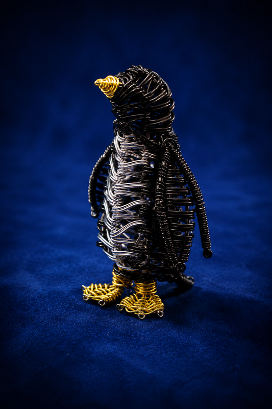 Black Silver & Gold Wire Penguin Sculpture – Handmade Art