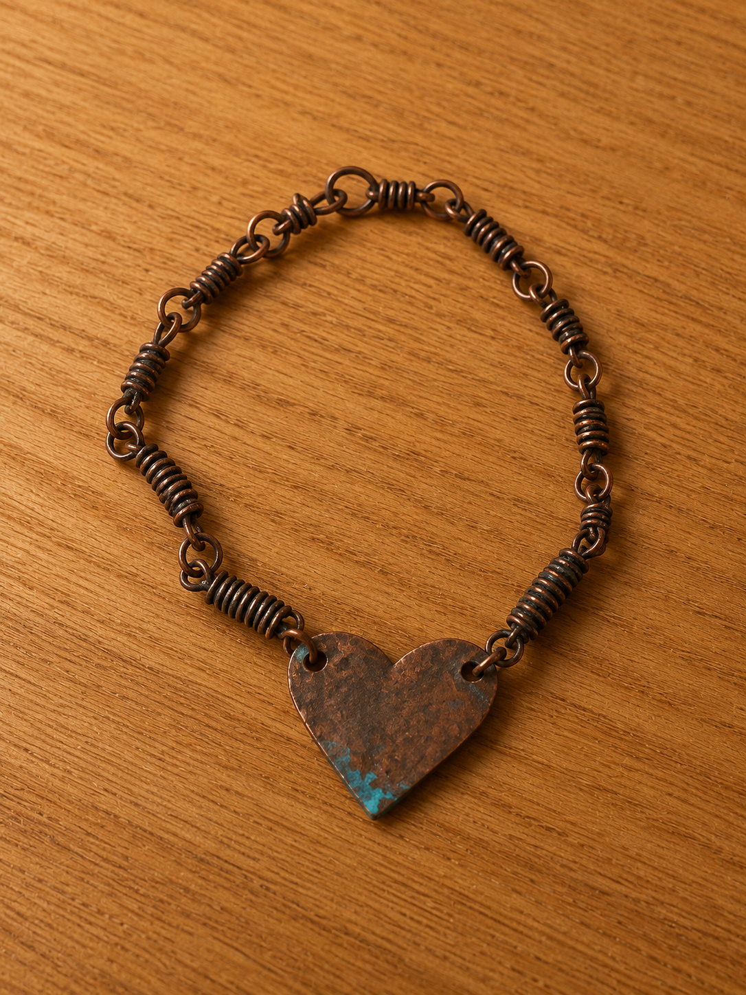 Copper Heart Bracelet with Hand-Wrapped Links