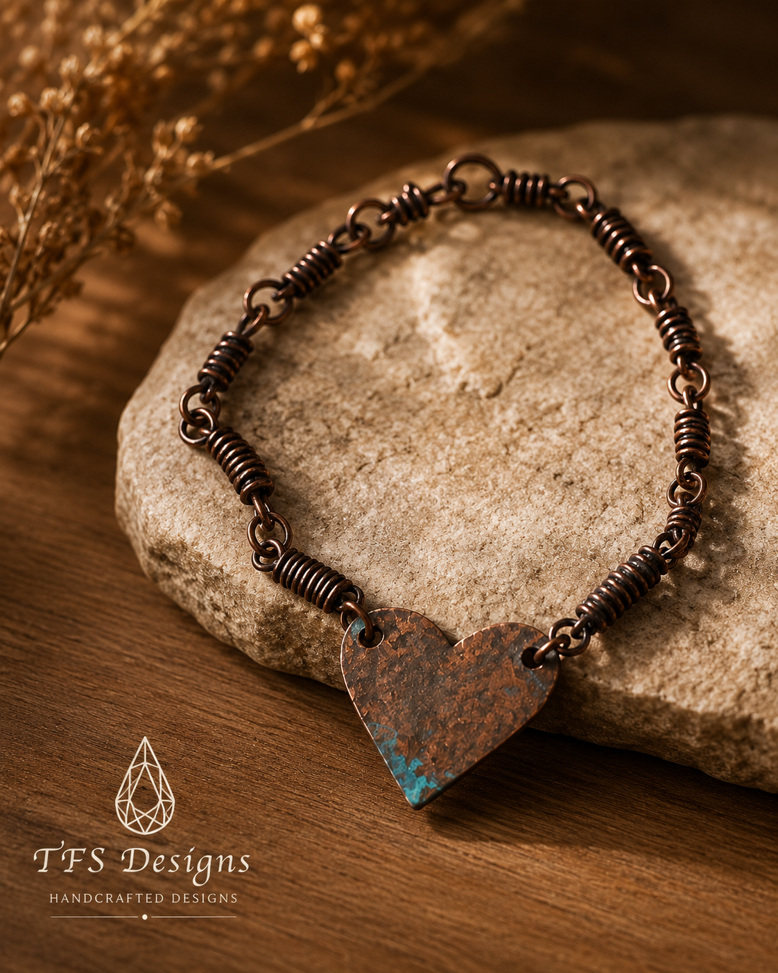 Copper Heart Bracelet with Hand-Wrapped Links