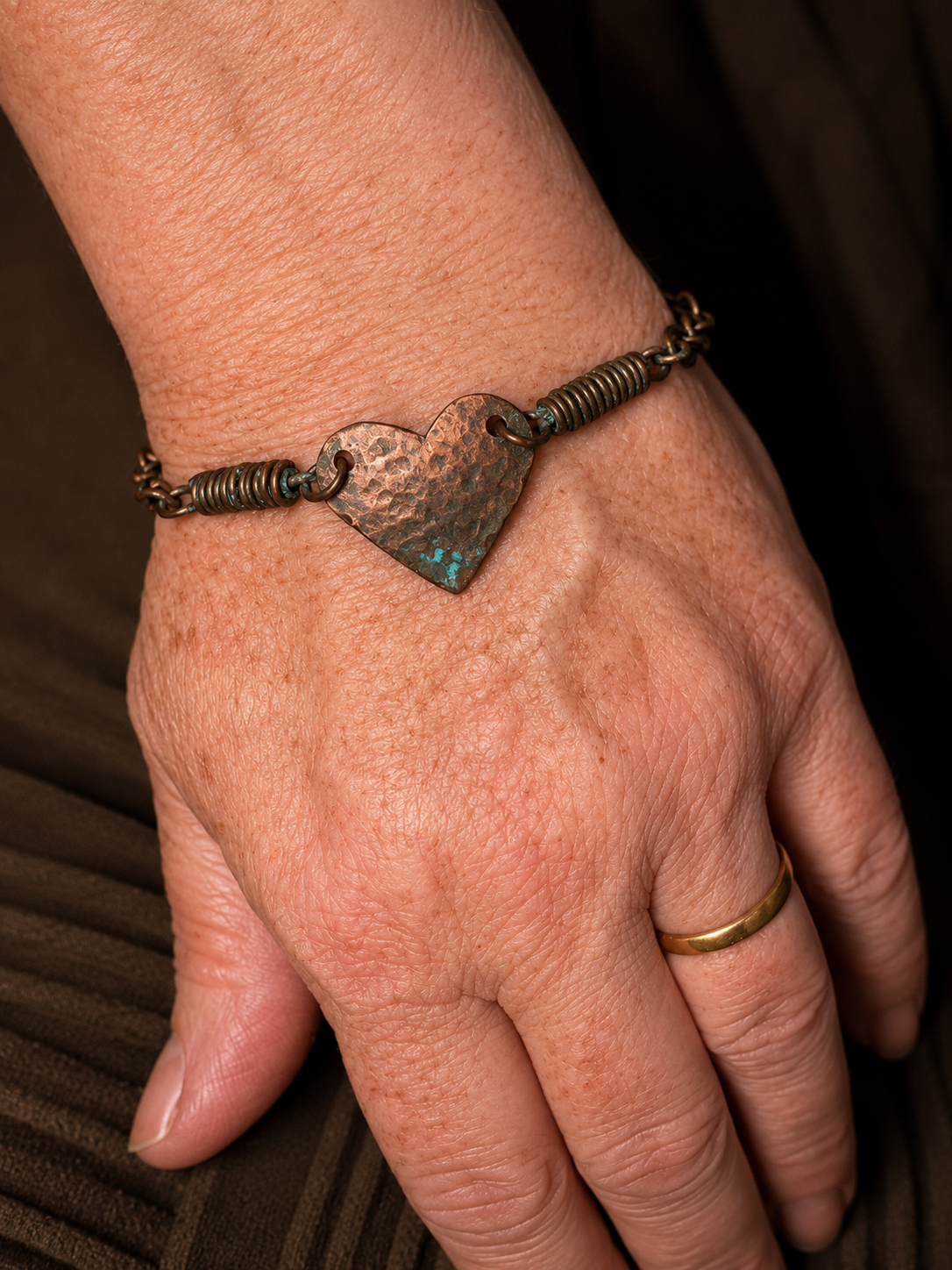 Copper Heart Bracelet with Hand-Wrapped Links