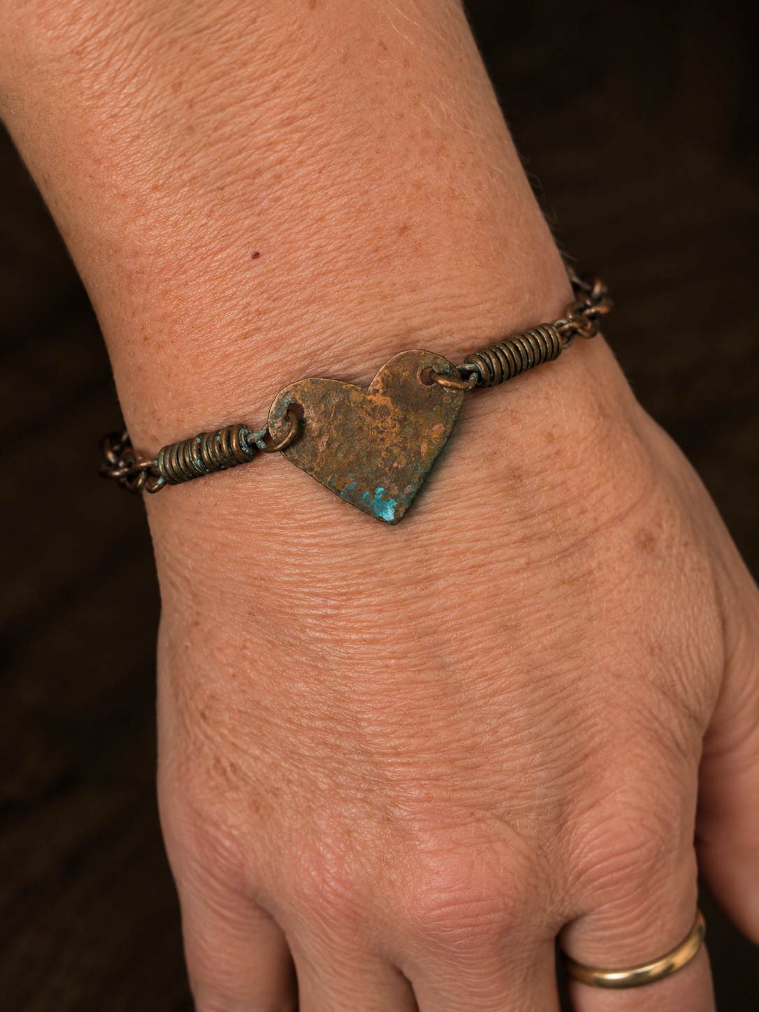Copper Heart Bracelet with Hand-Wrapped Links