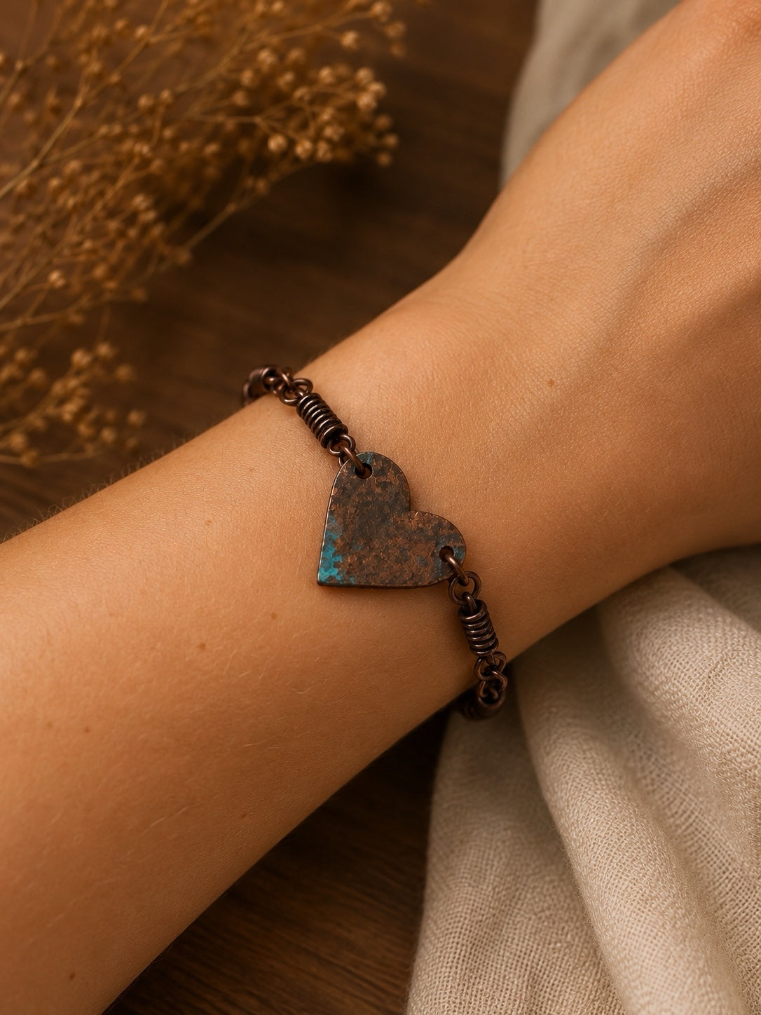 Copper Heart Bracelet with Hand-Wrapped Links