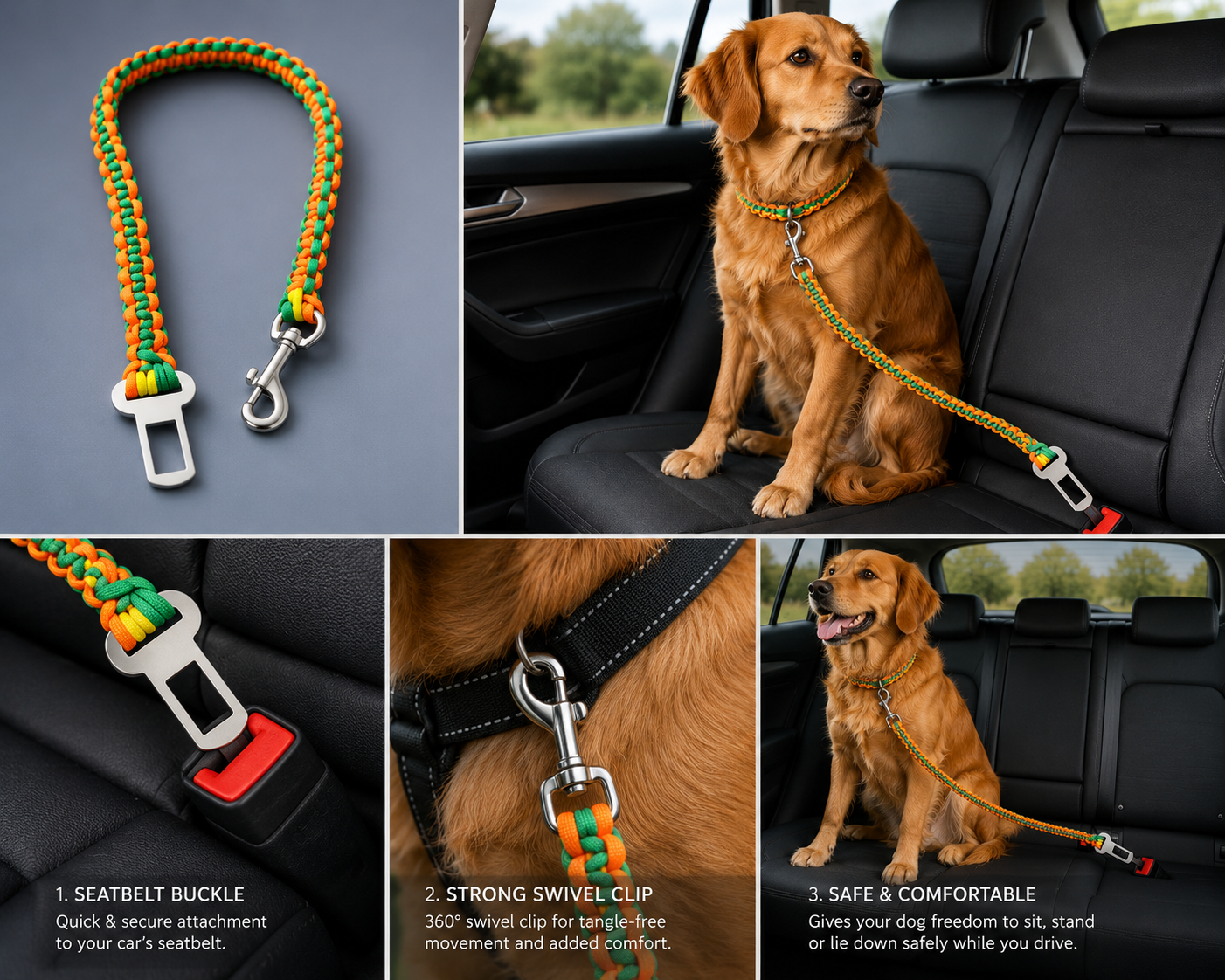 2Ft Yellow, Green & Orange Braided Paracord Car Safety Lead