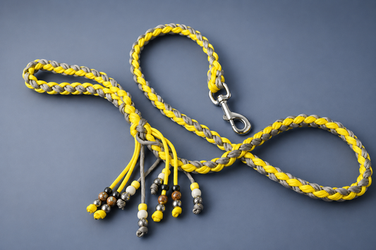 4 Ft Yellow & Khaki Braided Paracord Dog Lead with Calming Beads