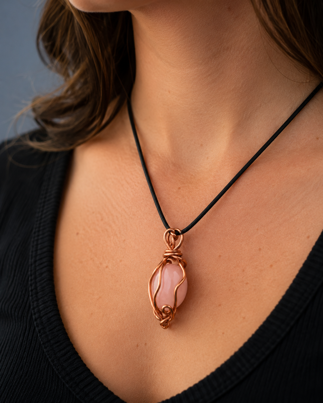 Rose quartz with Artistic Copper Wire Wrap pendant