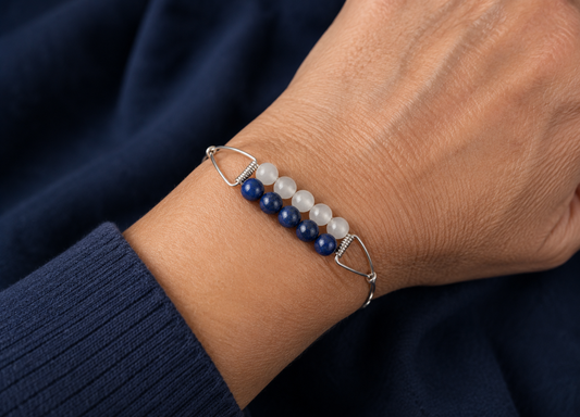 Sterling Silver Wire Wrapped Bangle with Moonstone & Iolite Gemstones