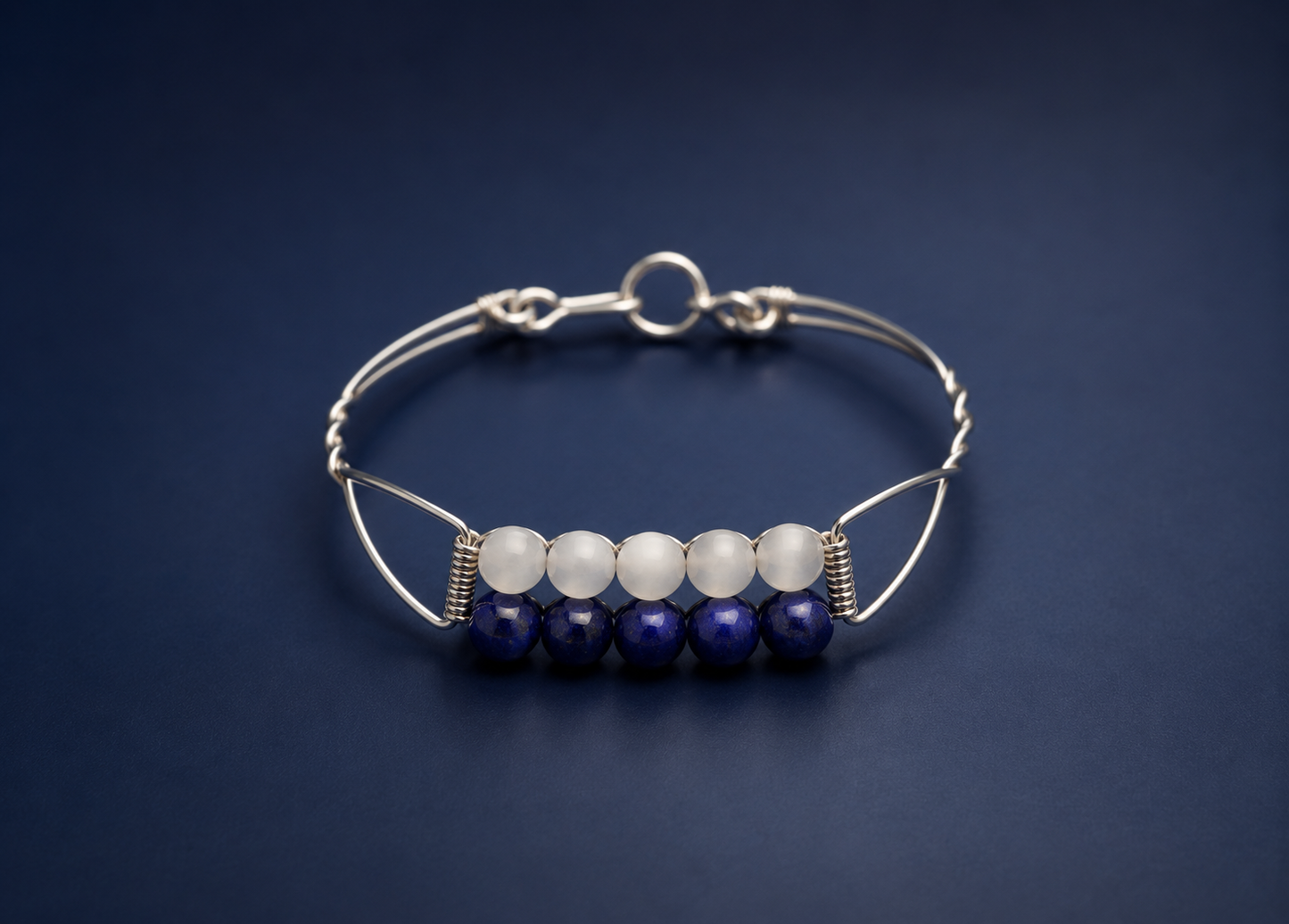 Sterling Silver Wire Wrapped Bangle with Moonstone & Iolite Gemstones