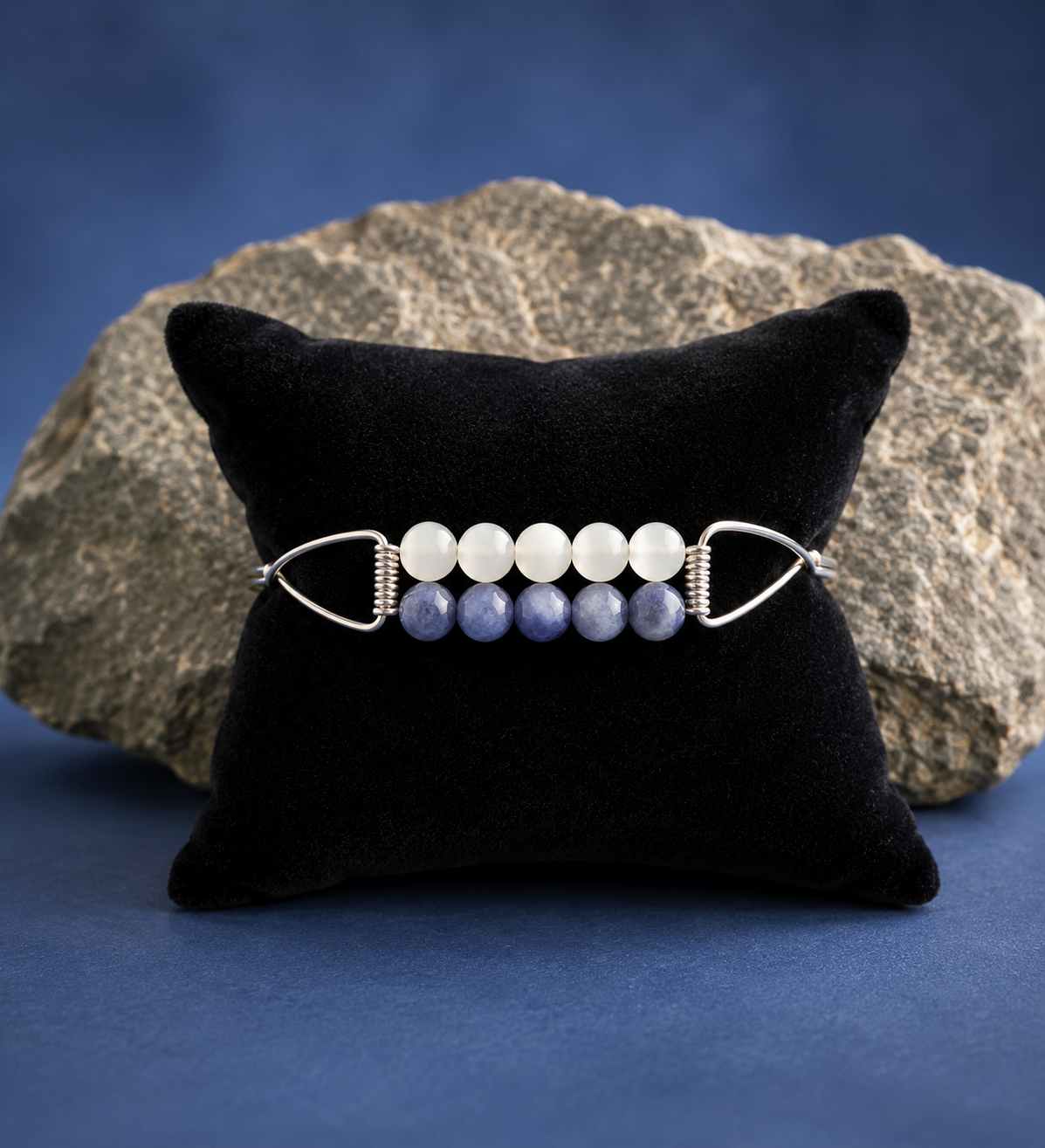 Sterling Silver Wire Wrapped Bangle with Moonstone & Iolite Gemstones