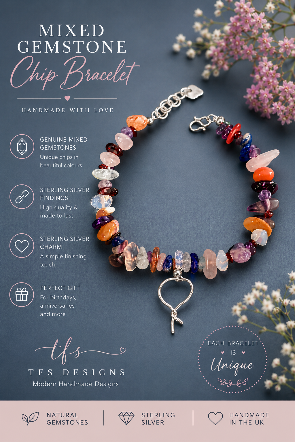Mixed Gemstone chip Bracelet with Sterling silver charm and findings