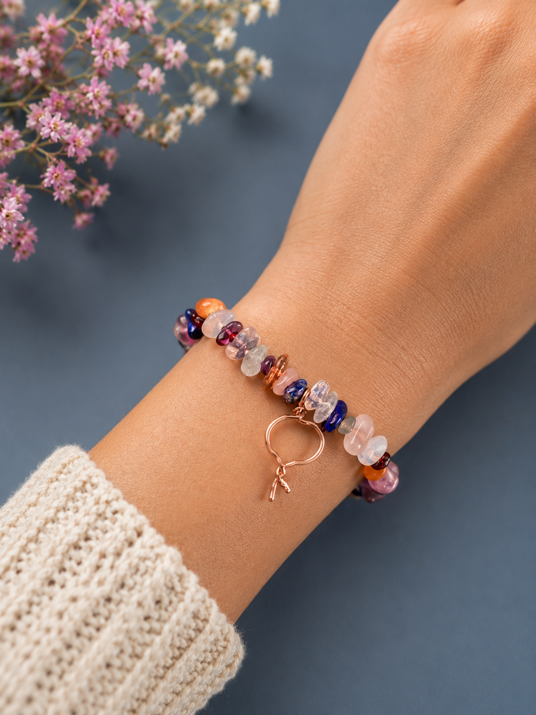 Mixed Gemstone chip Bracelet with Sterling silver charm and findings