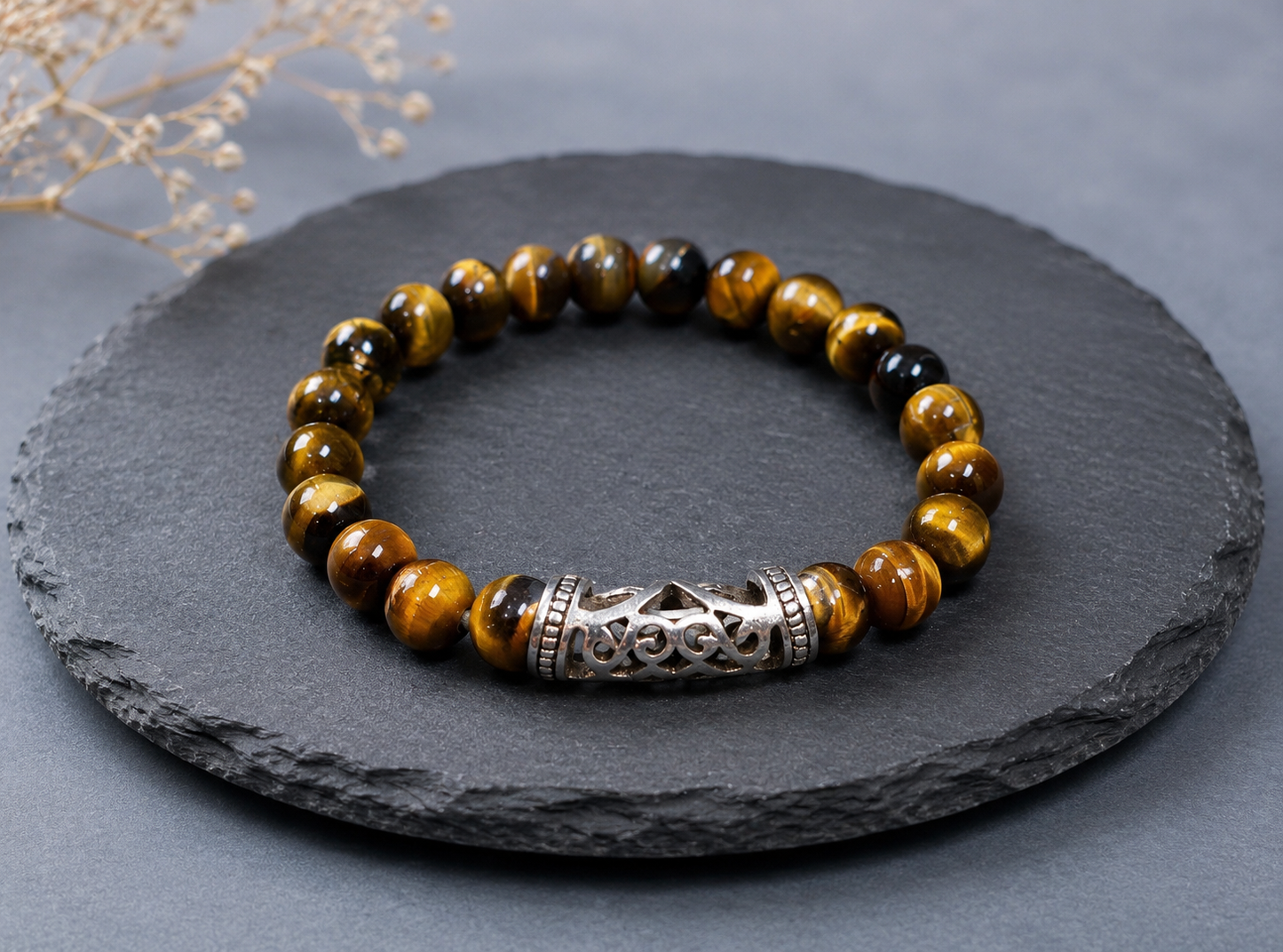 Tiger’s Eye Beaded Bracelet with Ornate Silver Barrel Charm