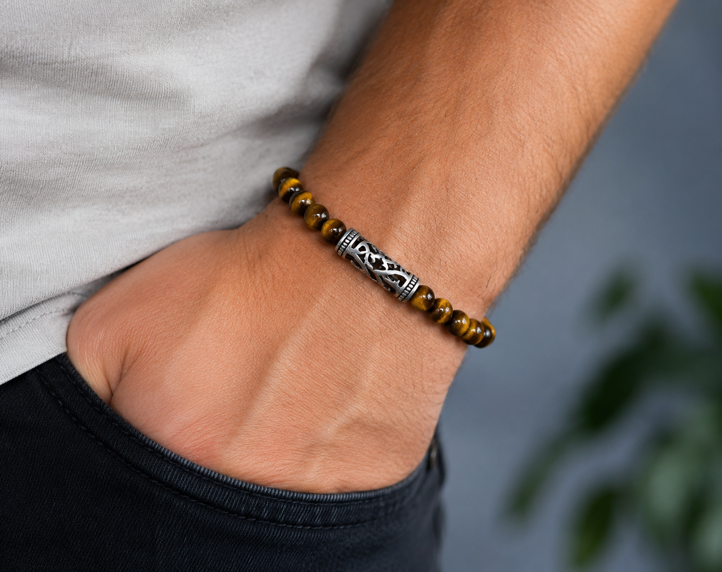 Tiger’s Eye Beaded Bracelet with Ornate Silver Barrel Charm
