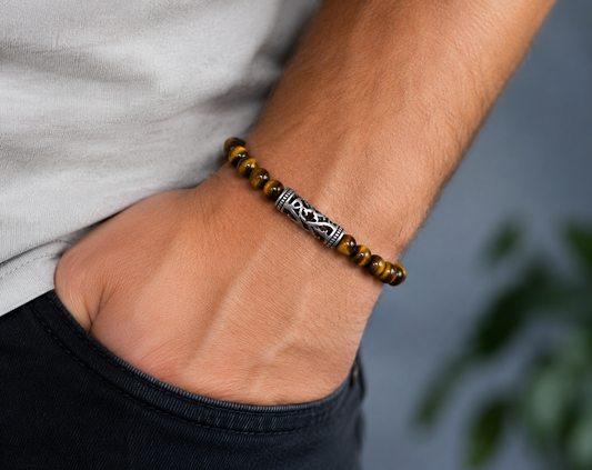Tiger’s Eye Beaded Bracelet with Ornate Silver Barrel Charm
