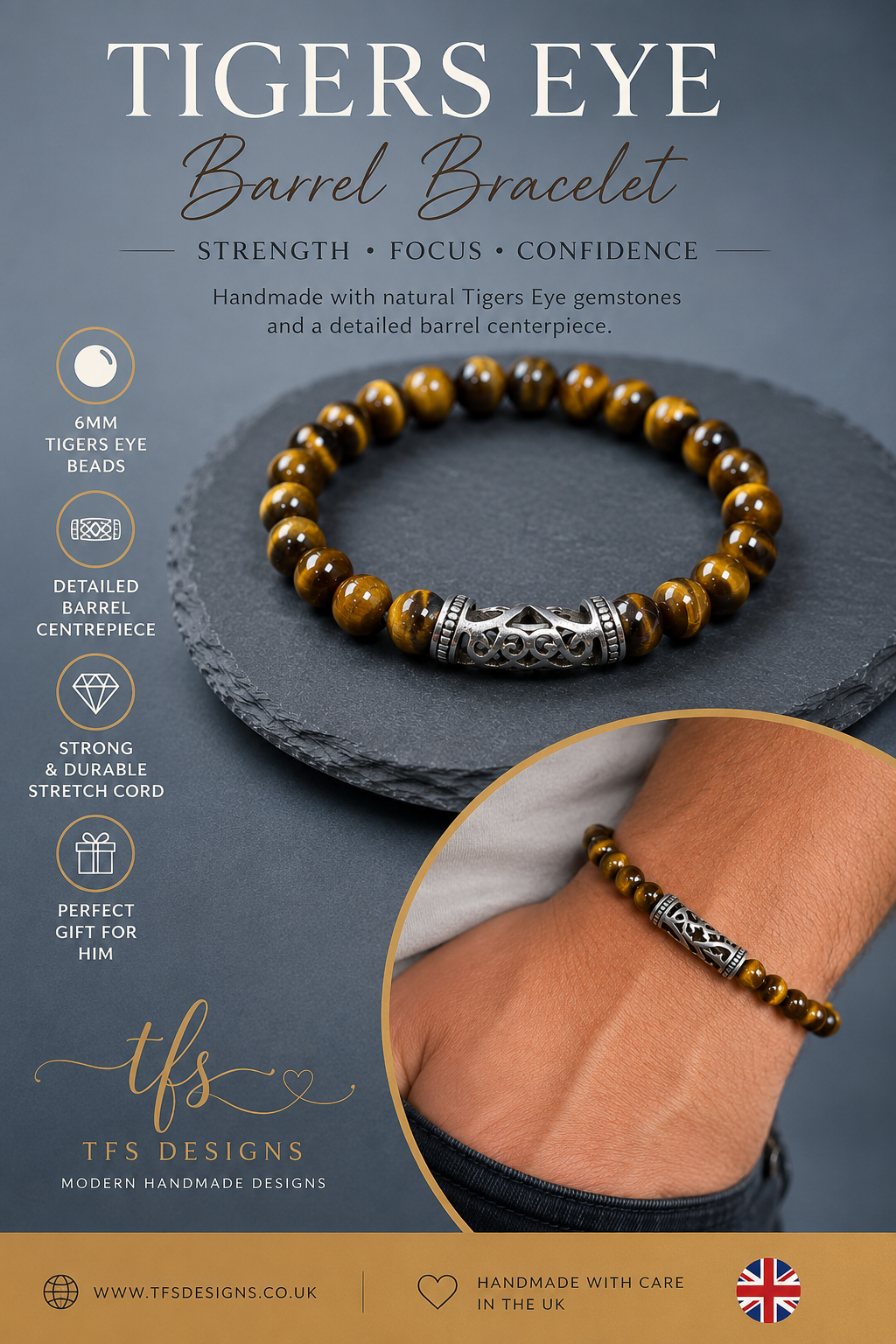 Tiger’s Eye Beaded Bracelet with Ornate Silver Barrel Charm