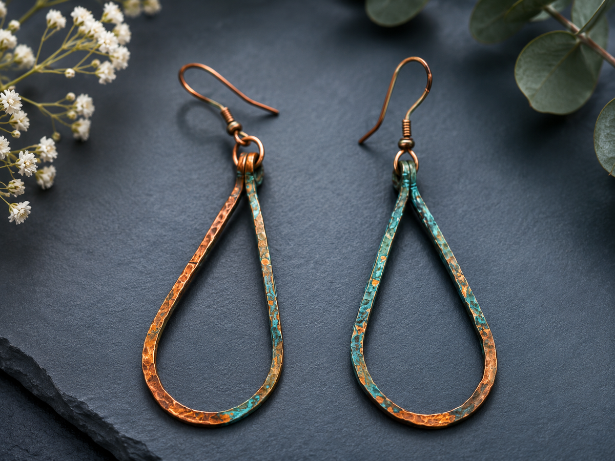 Recycled copper teardrop shaped earrings