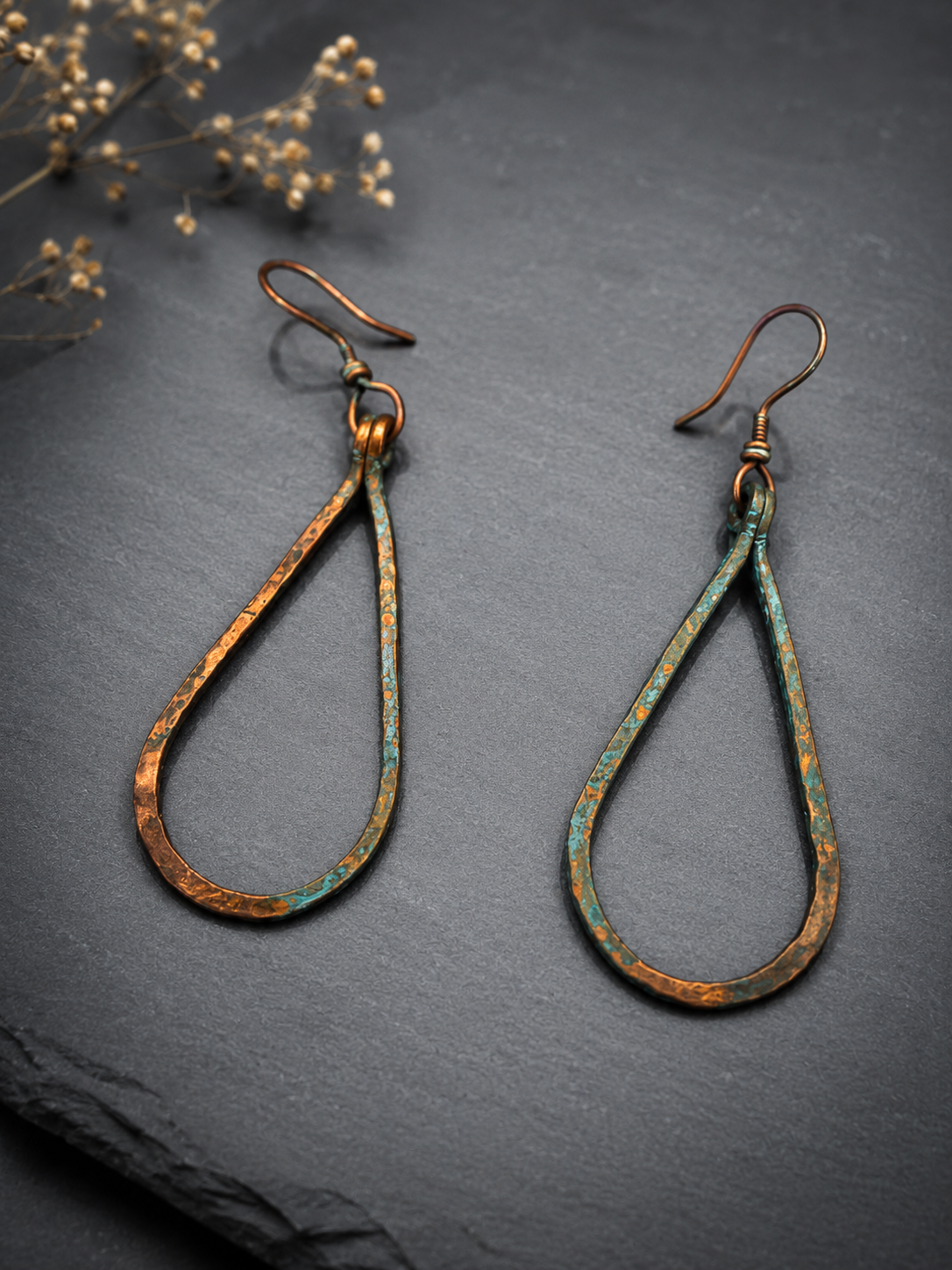 Recycled copper teardrop shaped earrings