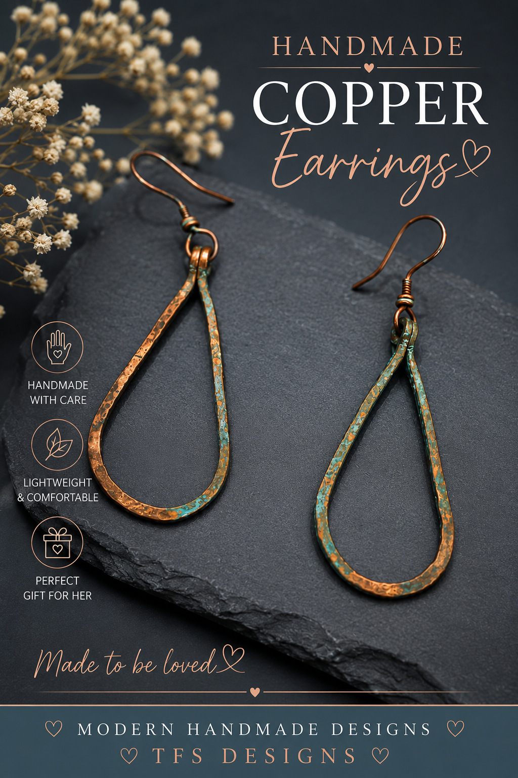 Recycled copper teardrop shaped earrings