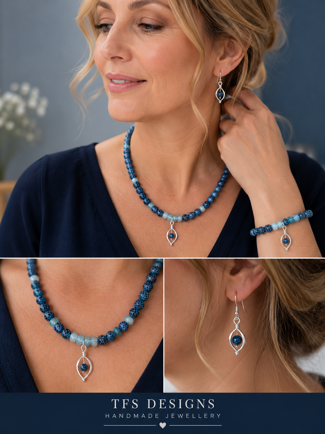 Handmade Sterling Silver & Blue Bead Necklace, Bracelet & Earrings Set