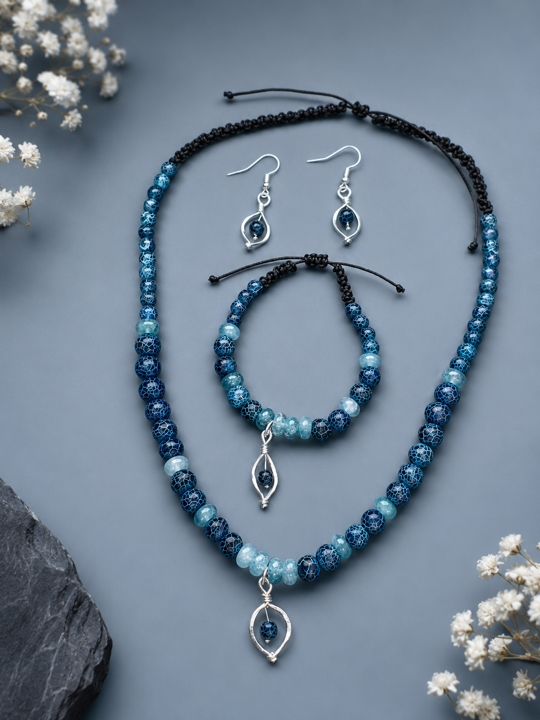 Handmade Sterling Silver & Blue Bead Necklace, Bracelet & Earrings Set
