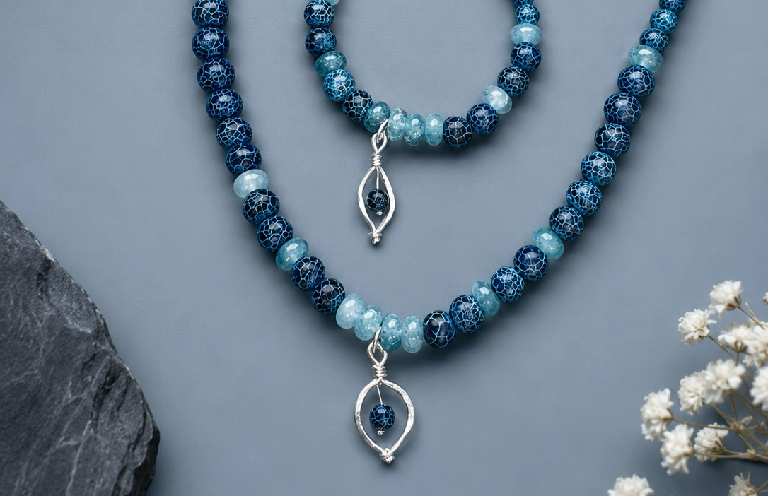 Handmade Sterling Silver & Blue Bead Necklace, Bracelet & Earrings Set