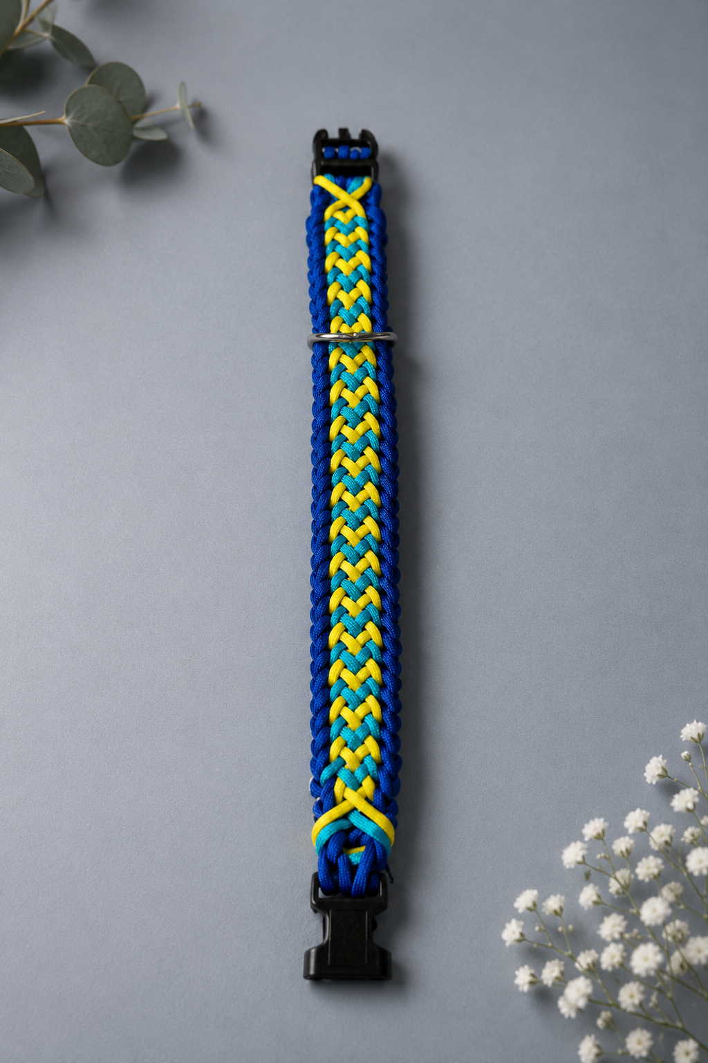17" Blue, Light Blue & Yellow Crown Tail Braided Paracord Dog Collar – Non-Adjustable