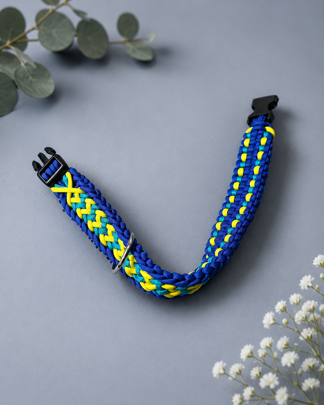 17" Blue, Light Blue & Yellow Crown Tail Braided Paracord Dog Collar – Non-Adjustable