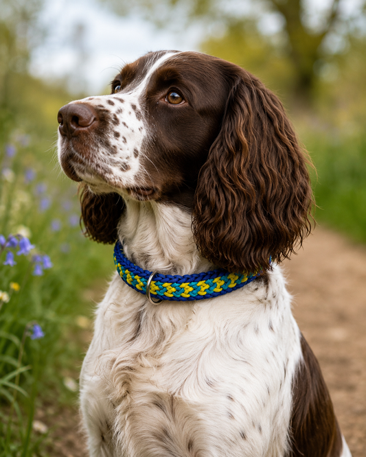 17" Blue, Light Blue & Yellow Crown Tail Braided Paracord Dog Collar – Non-Adjustable