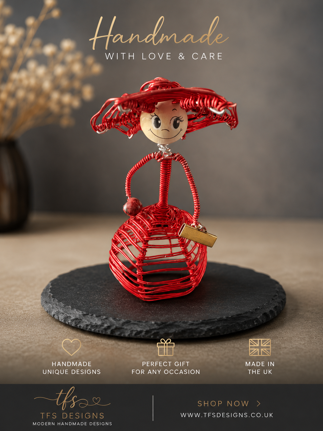 Happy Lady in Red – Wire Sculpture