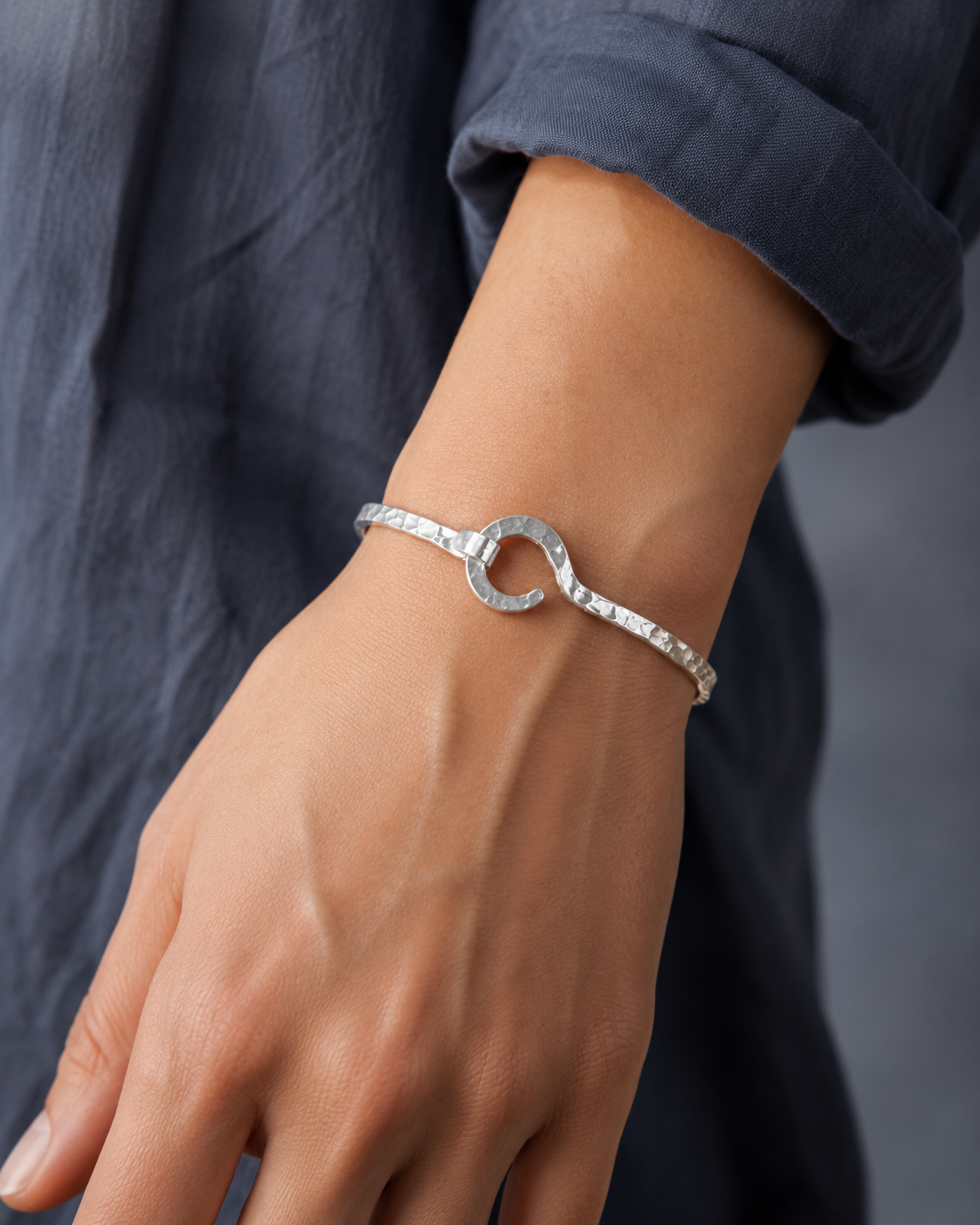 Sterling Silver Bangle with Hook and Eye Focal Point