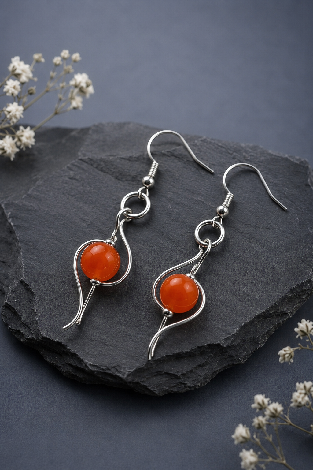 Sterling Silver Wire Earrings with Carnelian Gemstones