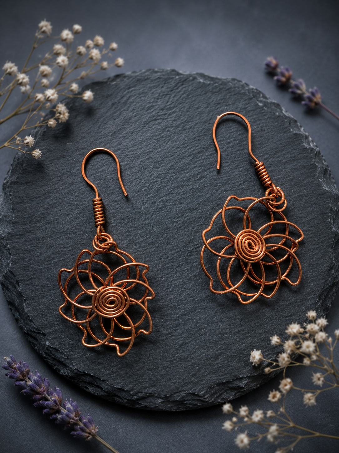 Copper Wire Flower Earrings with Spiral Centre