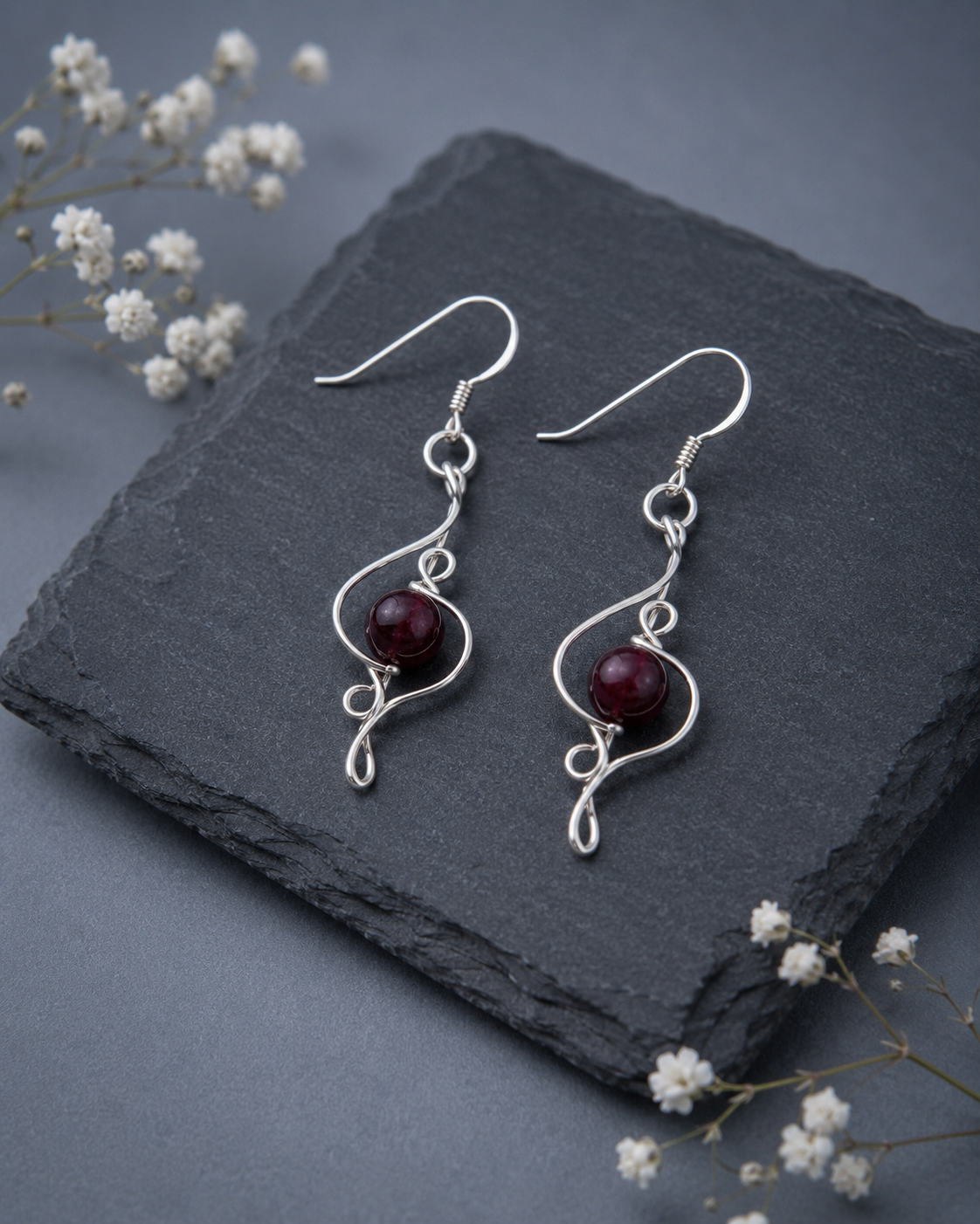 Sterling Silver Wire Drop Earring with 6mm Red Ruby Gemstone