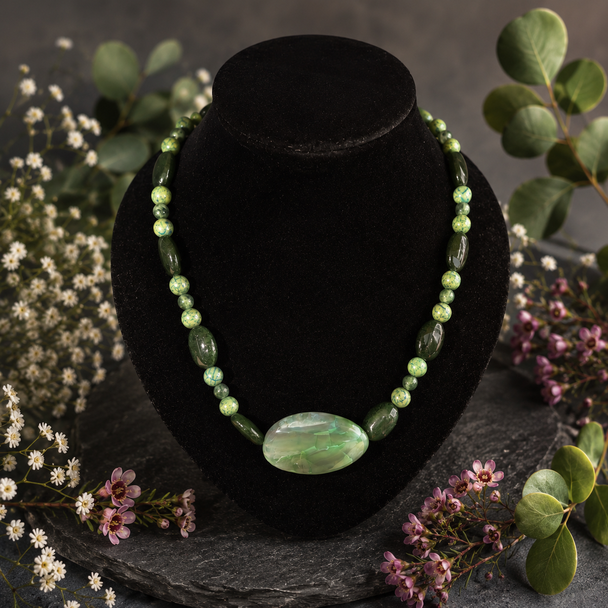 Hydrogrossular Garnet, Green Agate & Serpentine Gemstone Necklace with Large Dyed Agate Centrepiece