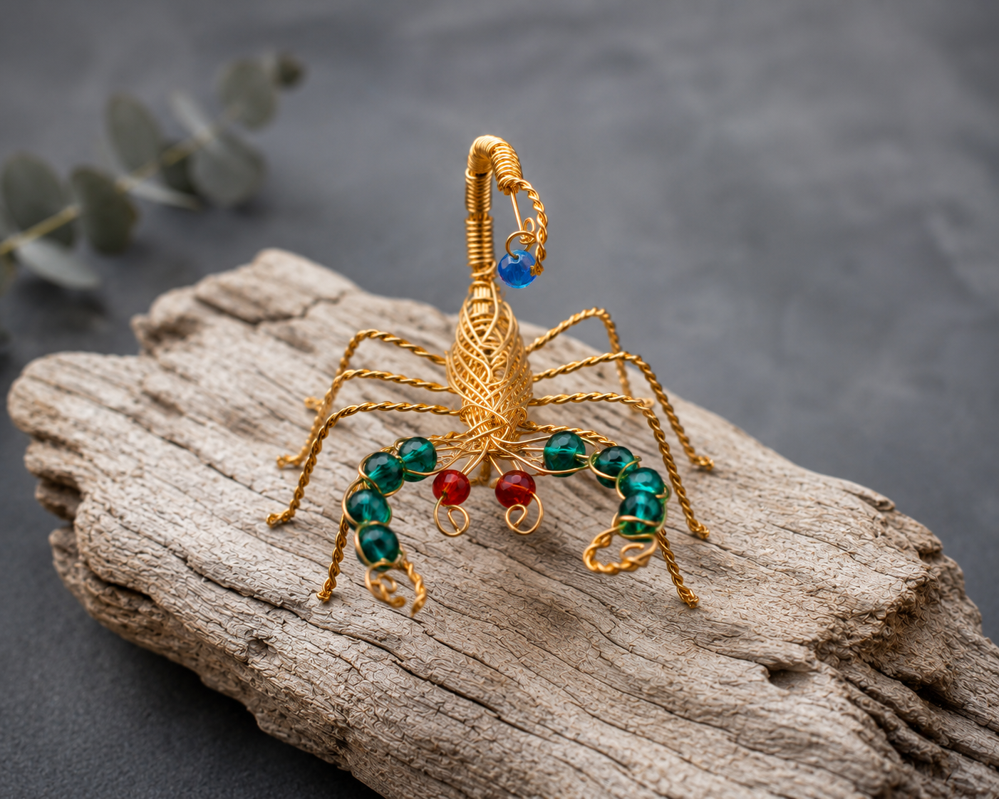 Copper-Coloured Aluminium Wire Scorpion Sculpture with Glass Beads – Handmade Art